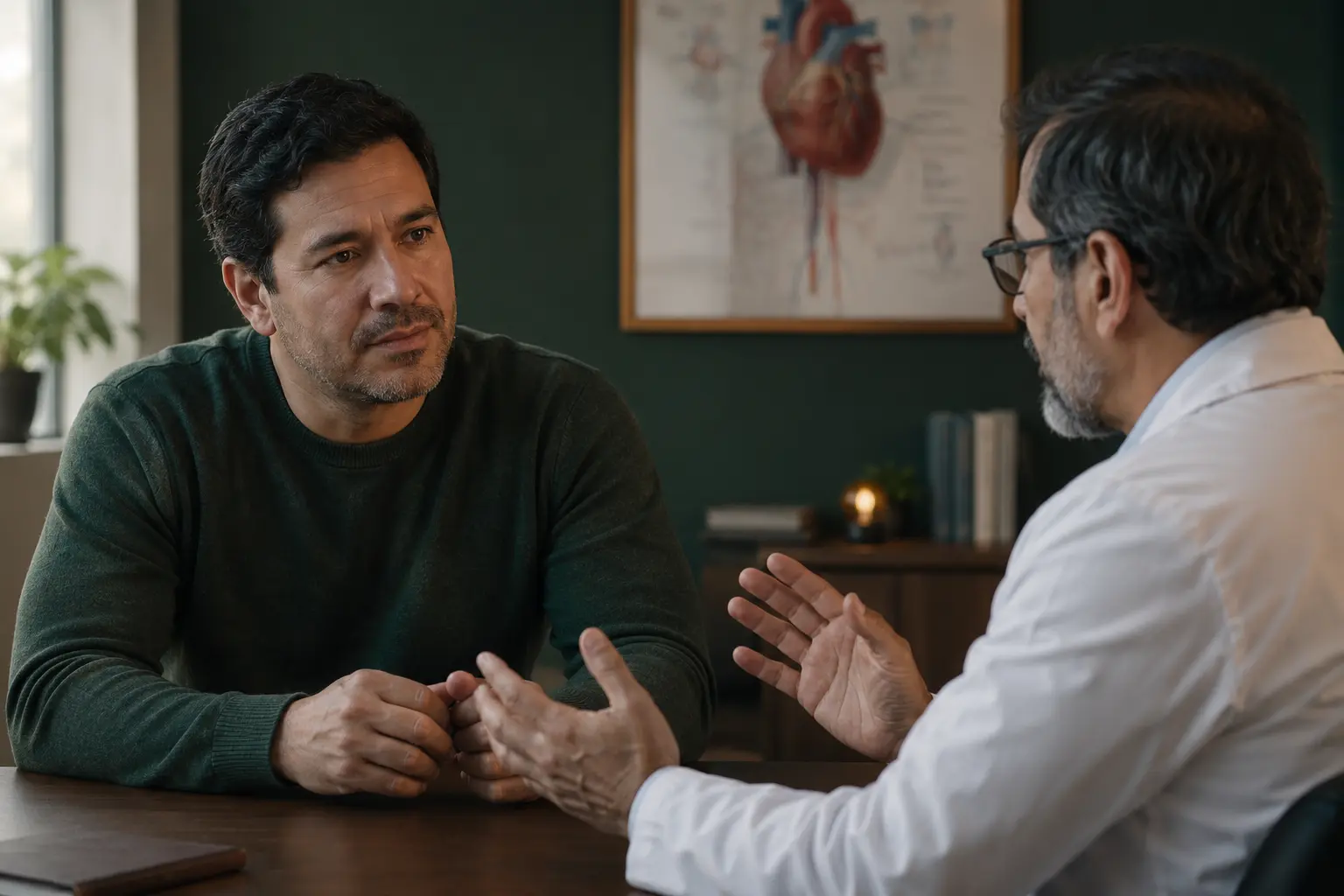 Hombre conversa en privado con un médico sobre salud sexual y cardiovascular