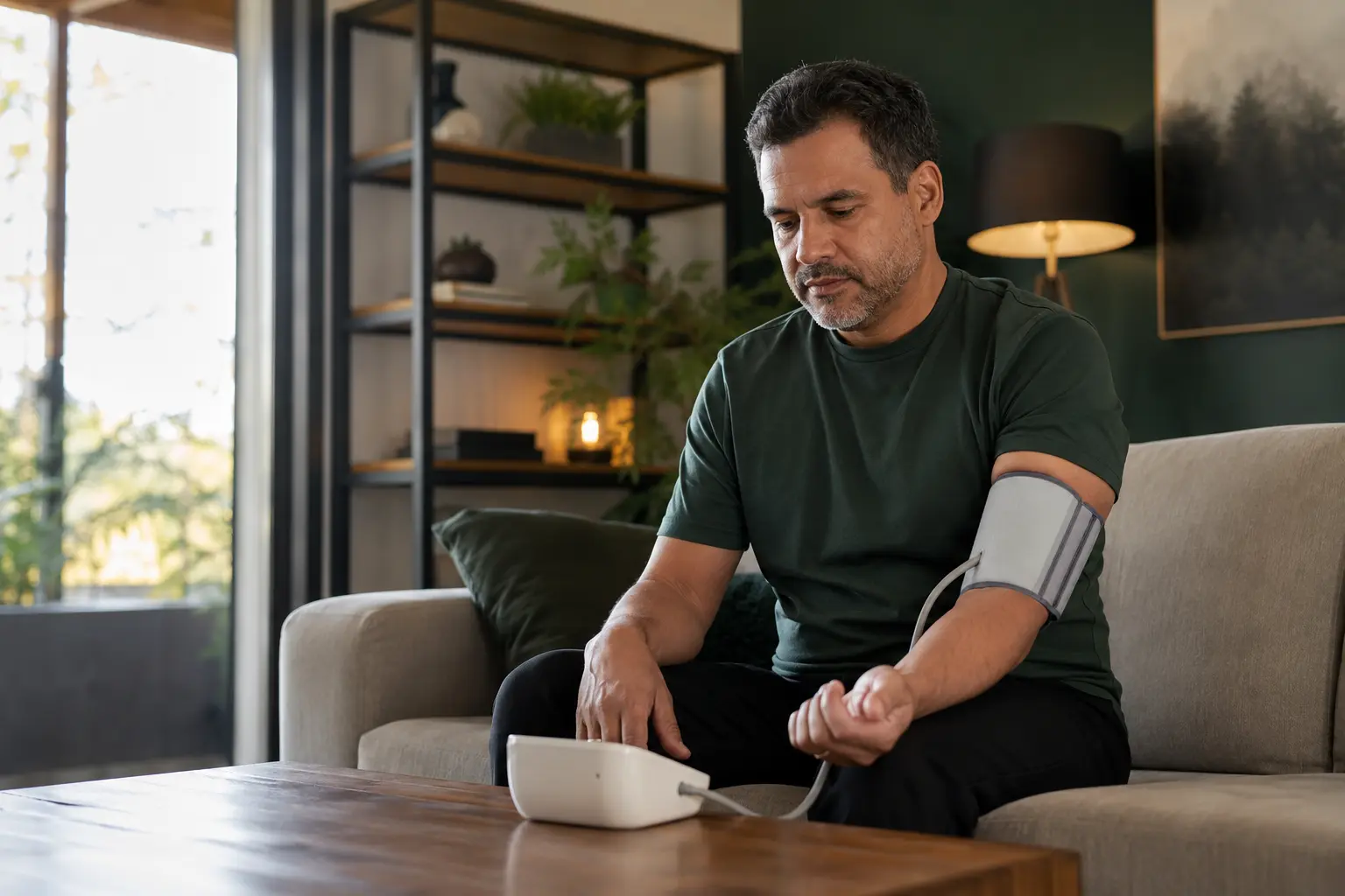 Hombre mide correctamente su presión arterial con un tensiómetro de brazo en casa