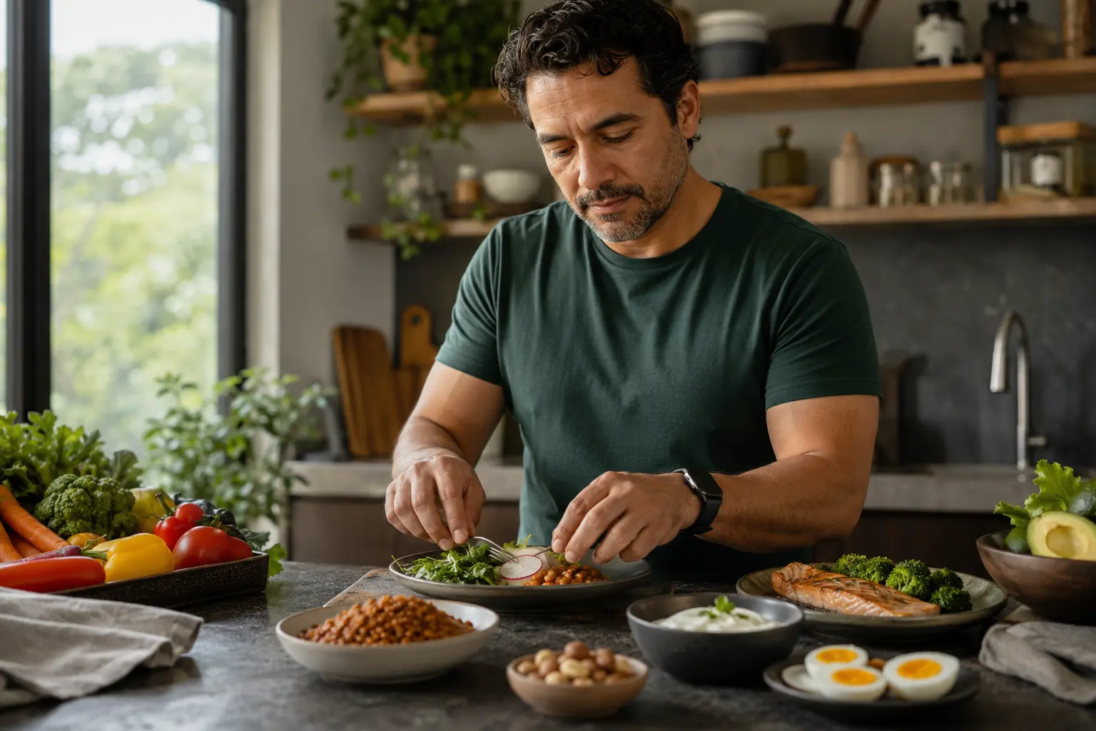 Hombre prepara una comida con diversas fuentes saludables de proteína